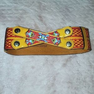 Vtg V Enterprises Beaded Embossed Leather Wide Adjustable 27 - 40 Inch Waist